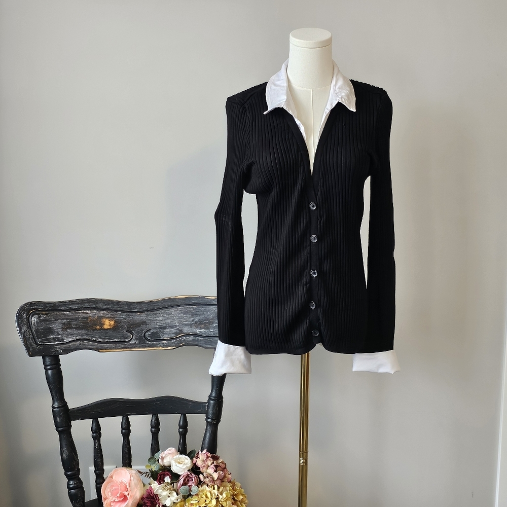 Maeve by Anthropologie Sweater Blouse Button Down Ribbed Black and White Size XL